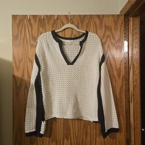 Maurices Cream Open-Knit V-Neck Sweater with Navy Trim